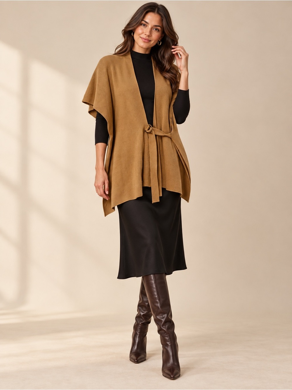 LOFT Camel Brown Knit Wrap Cardigan with Tie Belt Open Front XS/S Women Sweater